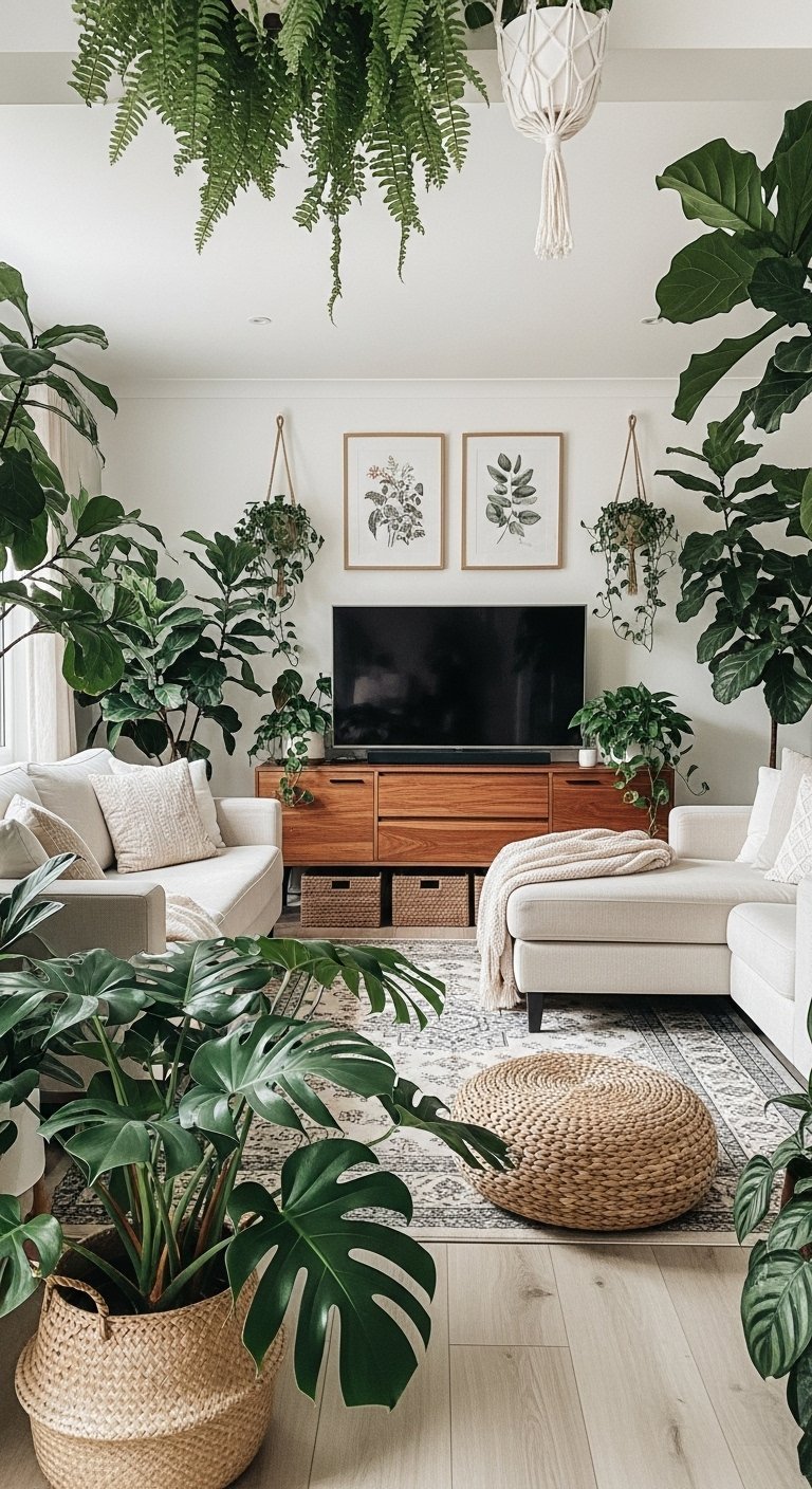 Salon de style jungle urbaine rempli de grandes plantes vertes d intérieur.