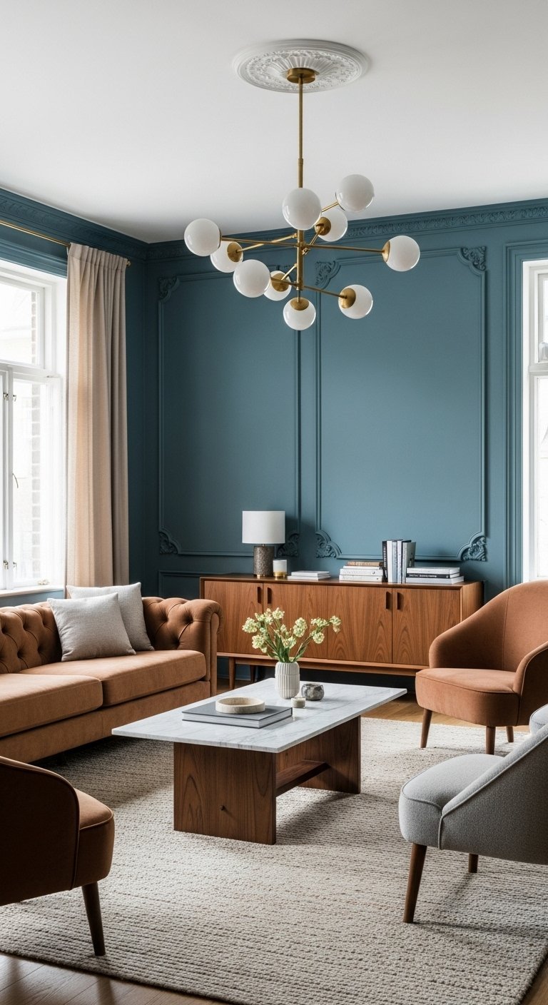 Salon mid century avec murs bleu gris et canape en cuir cognac
