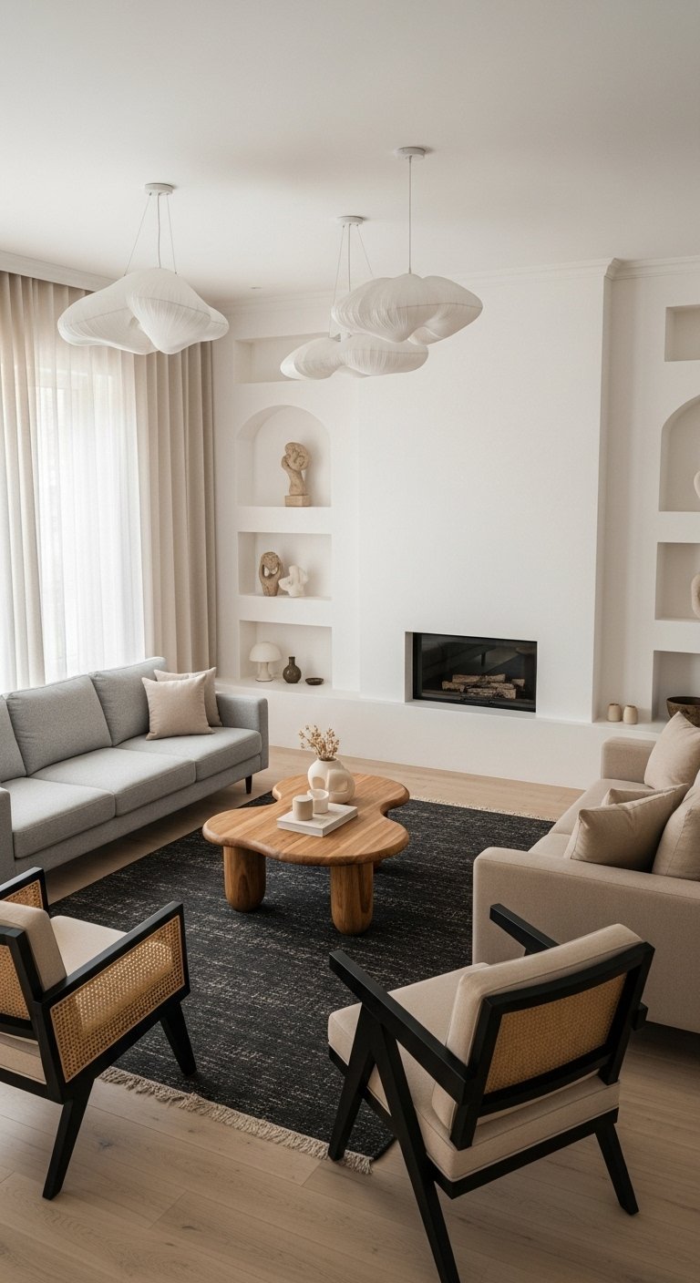 Salon minimaliste avec fauteuils beiges tapis noir et niches murales blanches