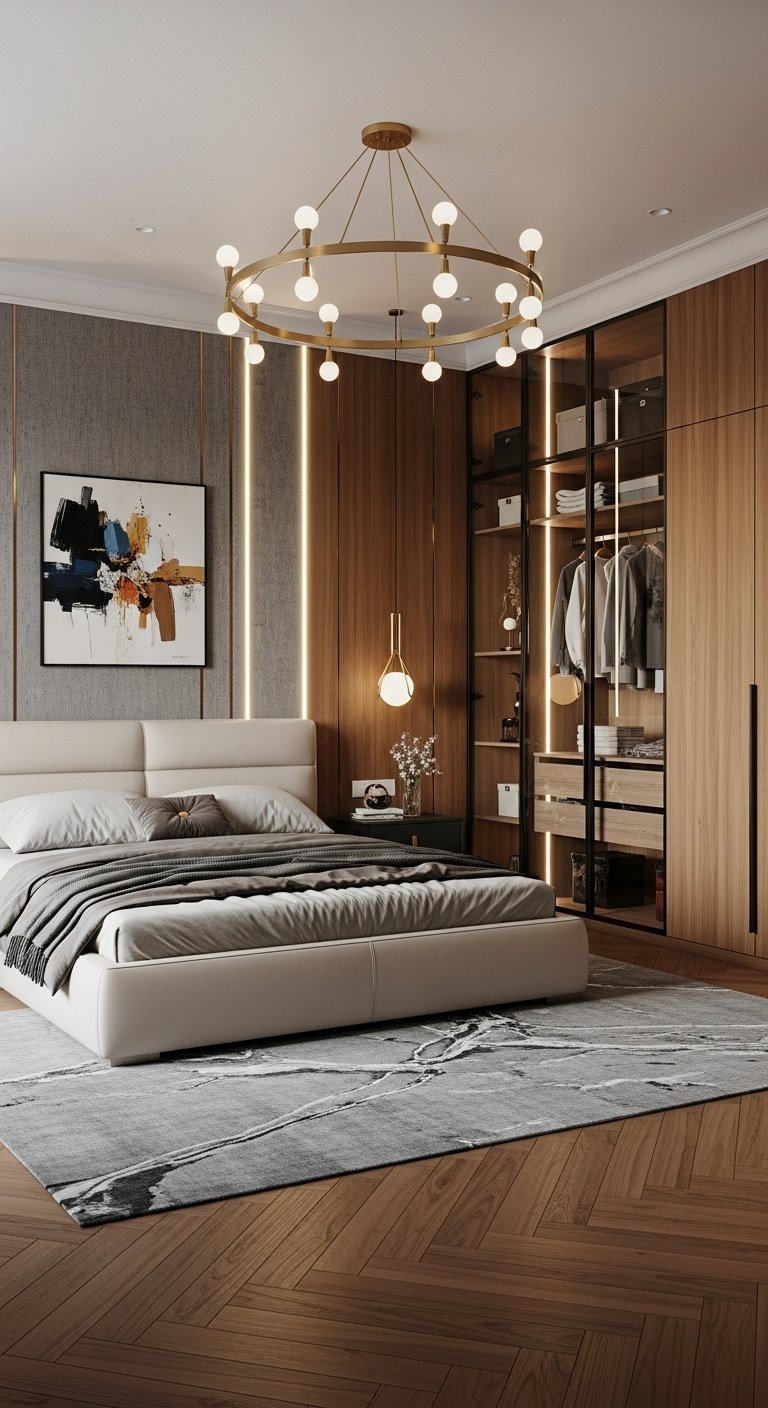 Suite parentale avec dressing en bois et verre et lustre moderne