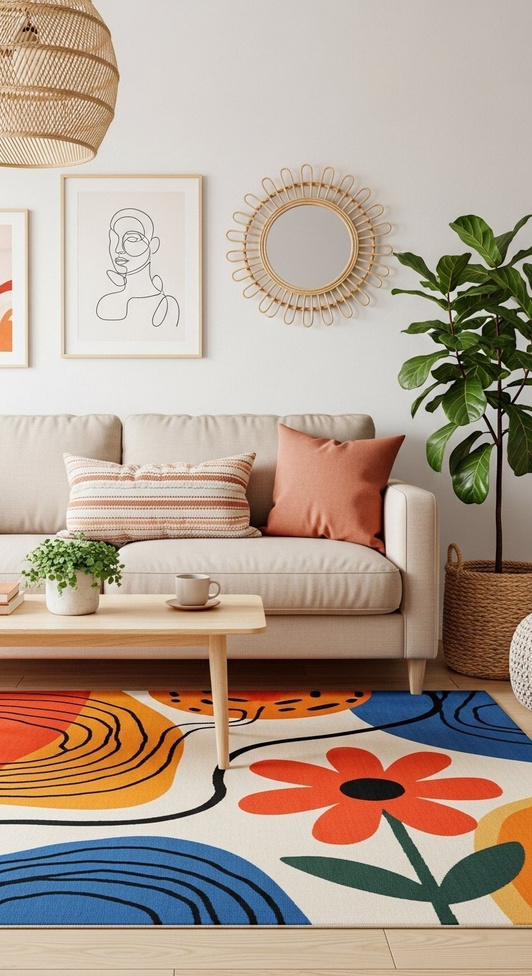 Tapis de salon artistique avec des motifs de fleurs et de formes abstraites colorées