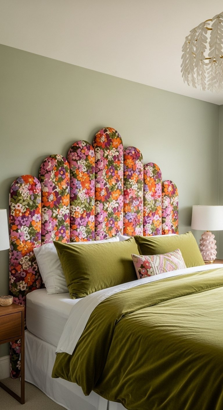 Tete de lit a panneaux arrondis recouverte d un tissu floral colore