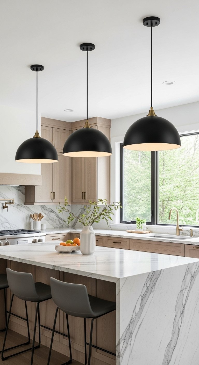 Trois grandes suspensions luminaires en dôme noir au dessus d un îlot de cuisine en marbre