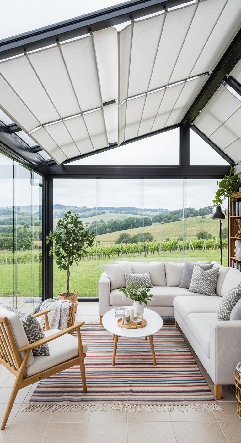 Véranda avec vue sur des vignobles et store de toit blanc rétractable
