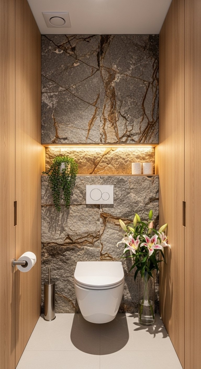 WC suspendu avec grand mur en parement de pierre naturelle et éclairage LED