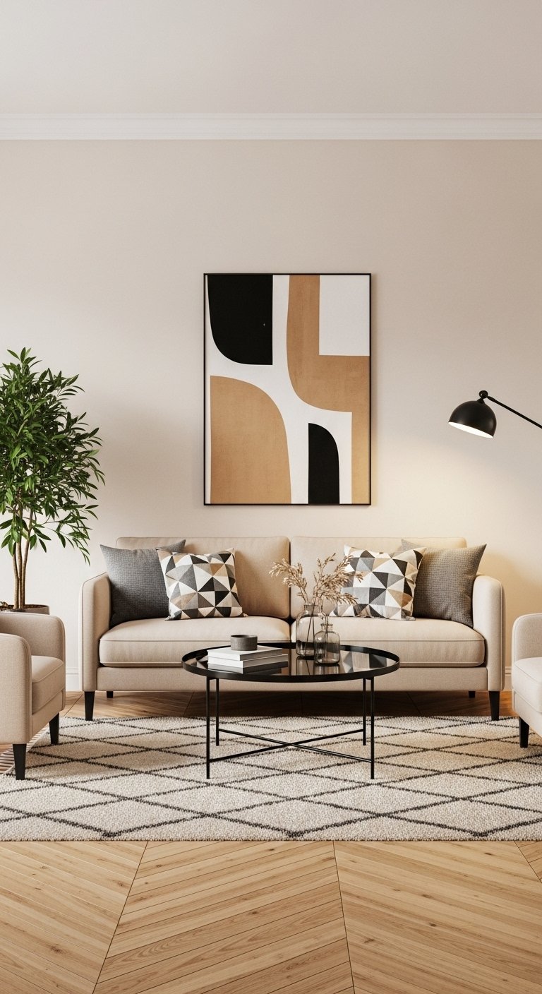 Canape beige avec coussins geometriques noirs et tableau abstrait moderne