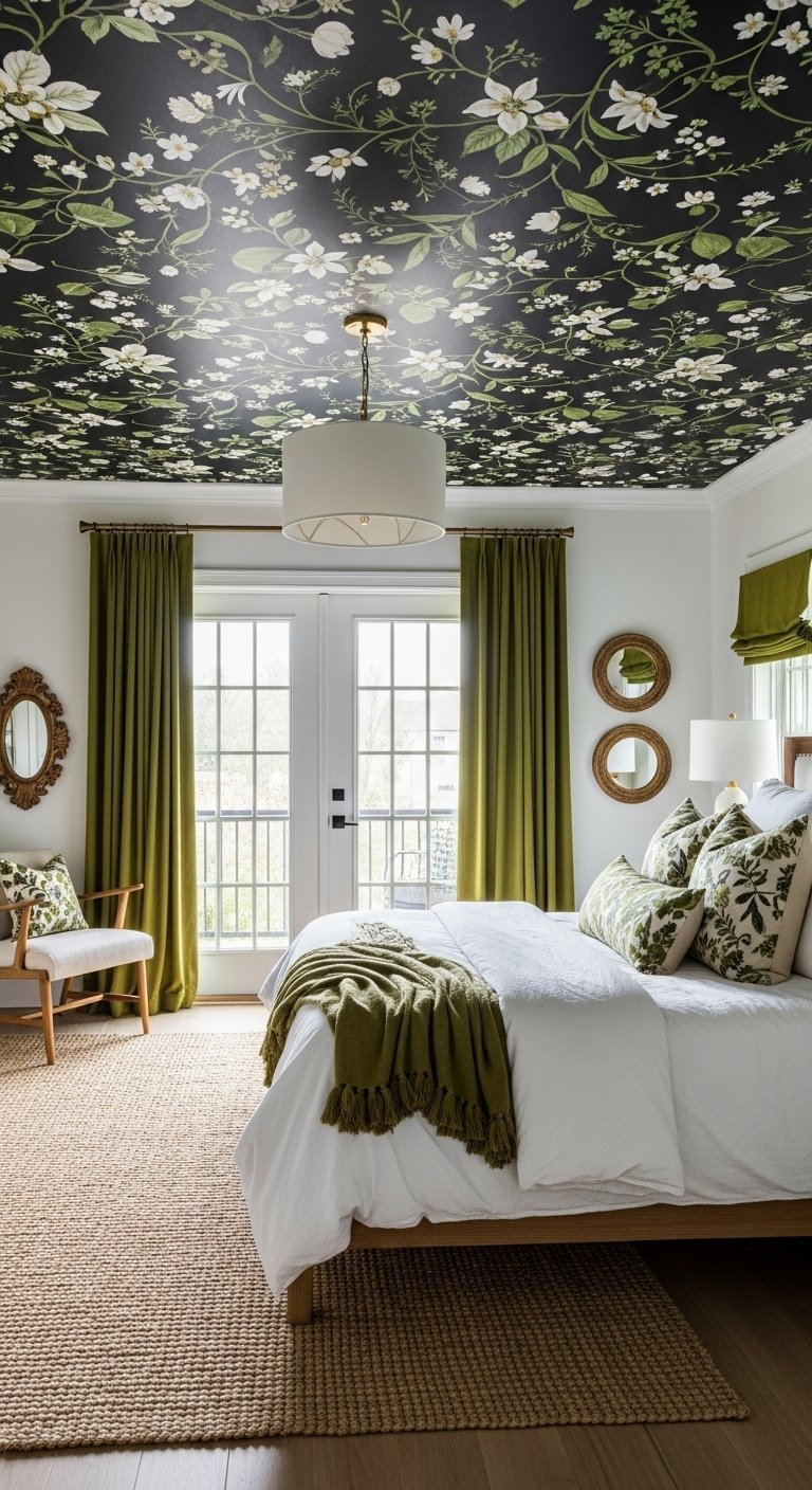 Chambre avec plafond à papier peint floral et rideaux vert olive