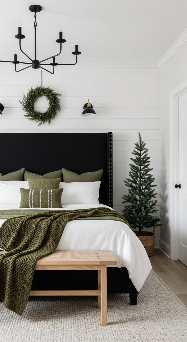 Chambre avec tête de lit noire et touches de décoration hivernale vert olive