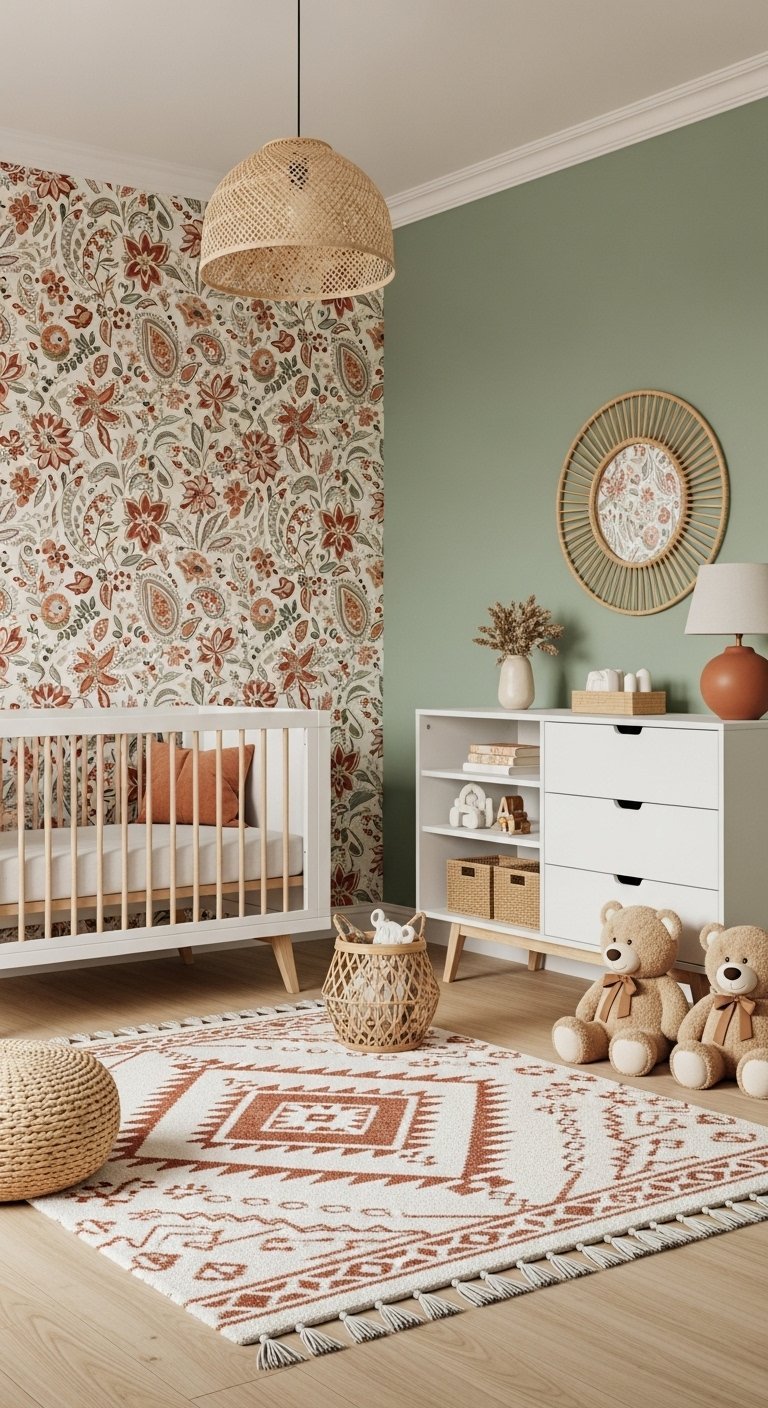 Chambre bébé bohème avec mur vert sauge et papier peint cachemire