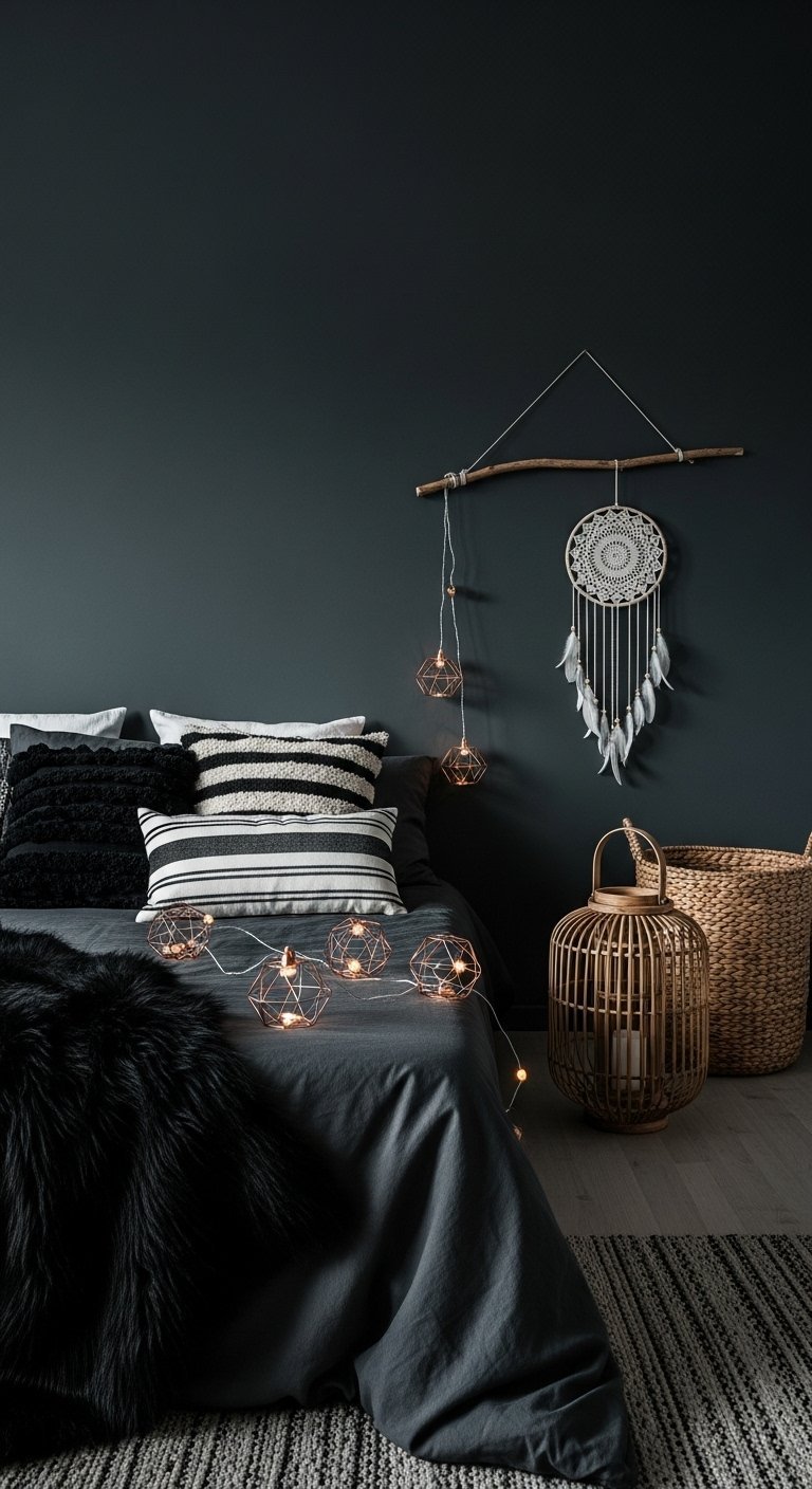 Chambre boheme gris anthracite avec guirlandes lumineuses cuivrees
