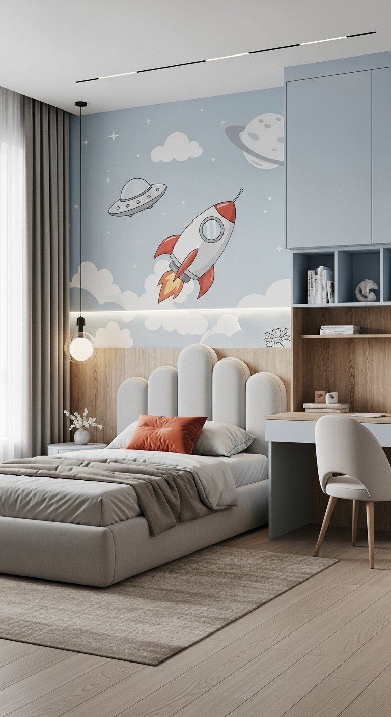 Chambre de garçon avec fresque murale d une fusée et tête de lit en forme de nuage