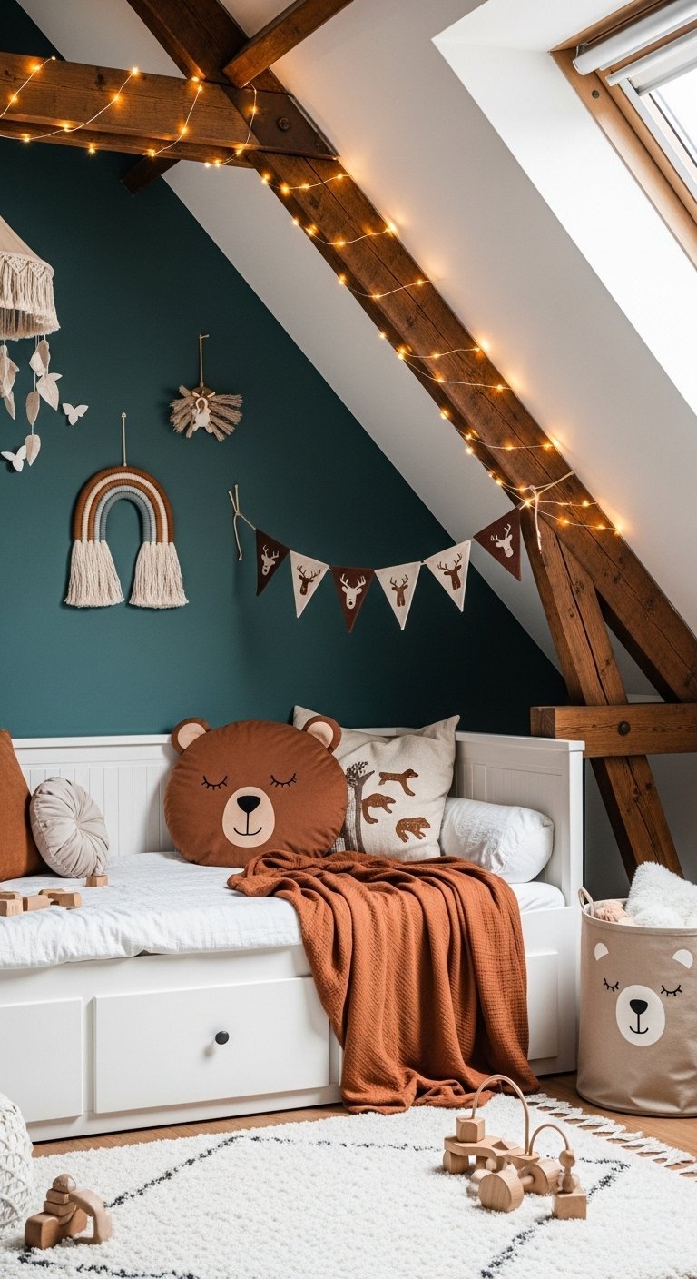Chambre enfant sous comble avec mur bleu canard et lit banquette blanc