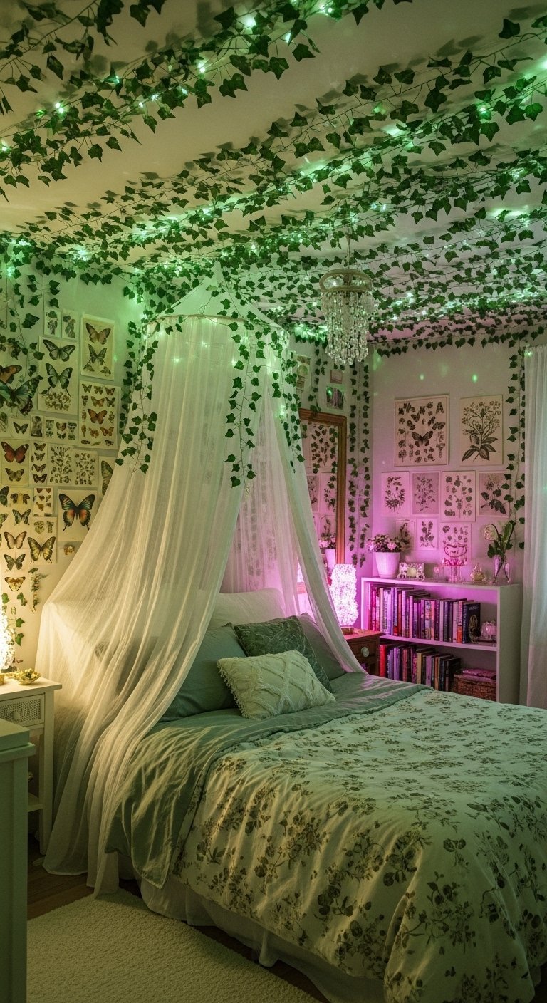Chambre fairycore avec des guirlandes de lierre lumineux vert et un ciel de lit