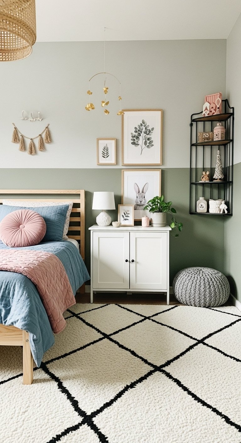 Chambre garcon moderne avec mur bicolore vert sauge