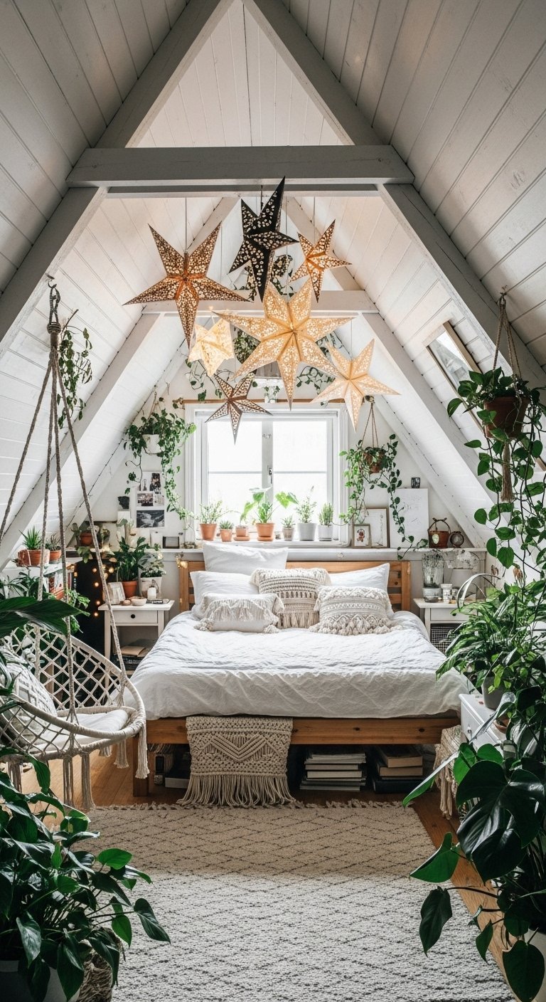 Chambre mansardée de style bohème avec plantes et étoiles lumineuses