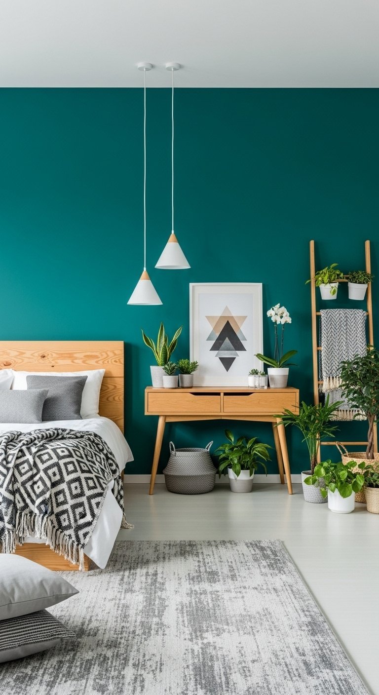 Chambre moderne avec mur bleu sarcelle et lit en bois clair