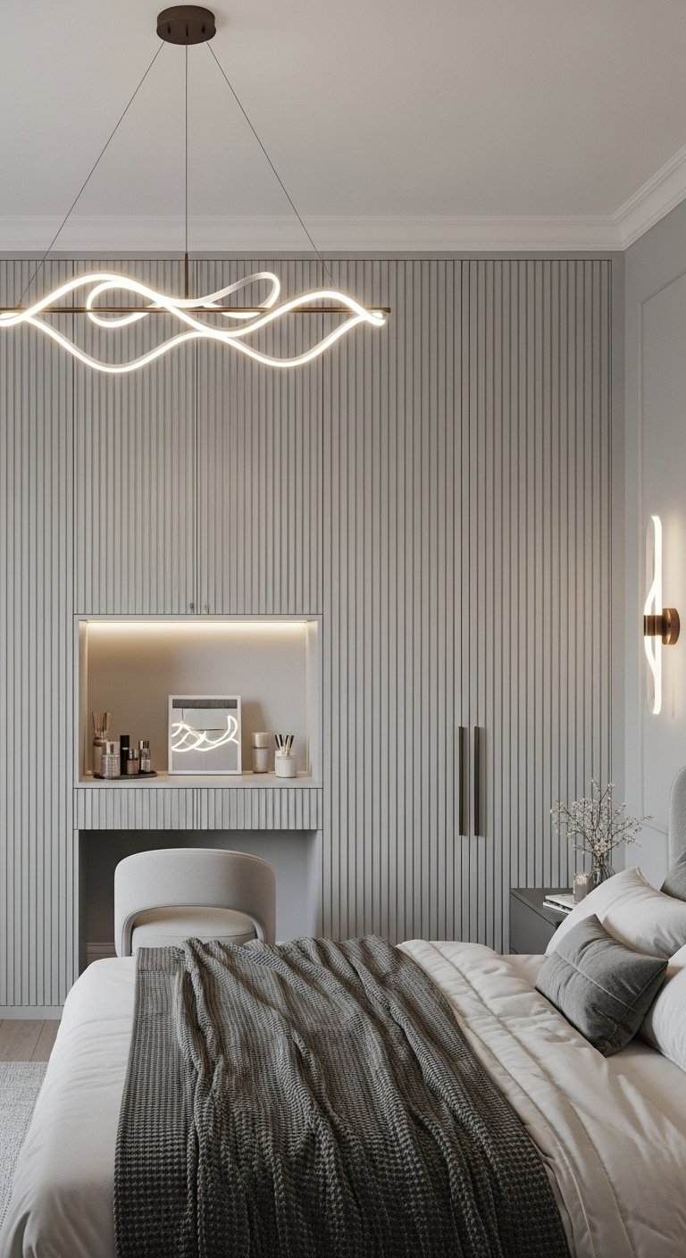 Chambre moderne avec un mur de tasseaux gris intégrant une coiffeuse
