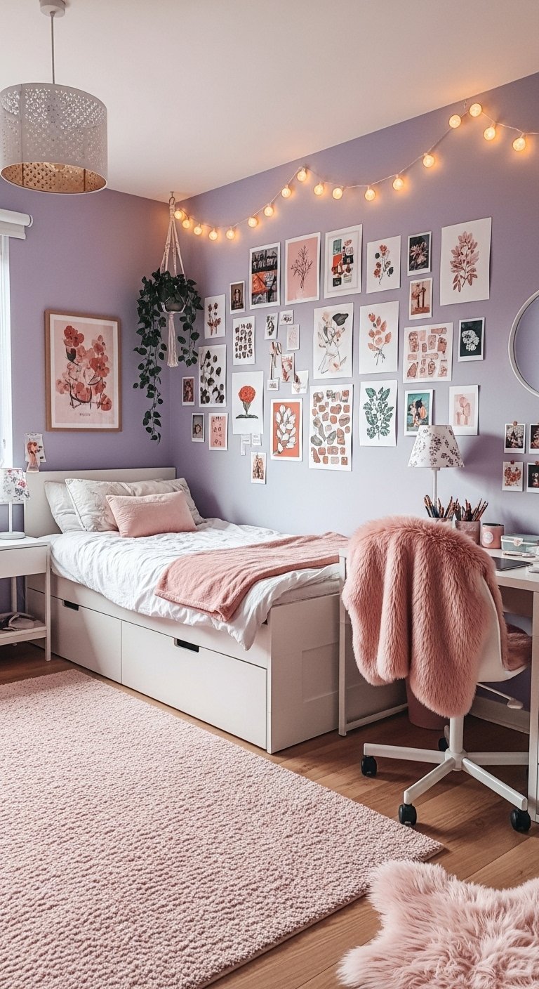 Décoration chambre femme aux murs lilas avec un coin bureau et un mur de cadres