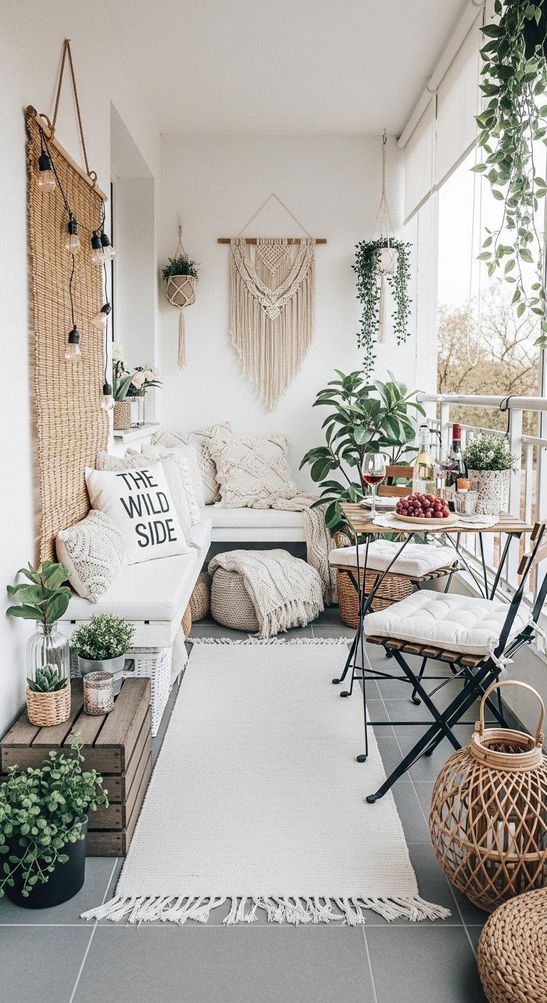Decoration petit balcon boheme etroit avec banquette blanche et macrame mural