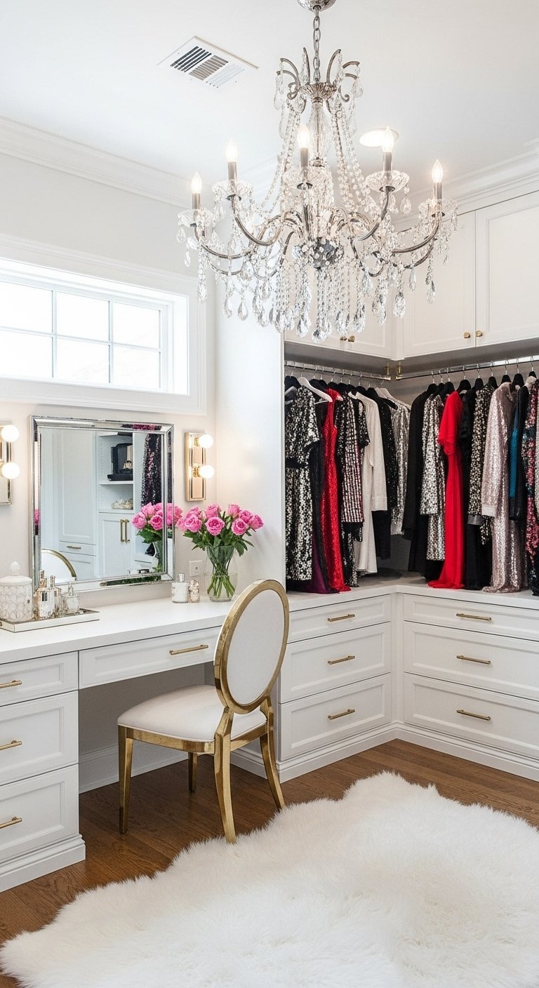Dressing blanc luxueux avec détails dorés et lustre en cristal