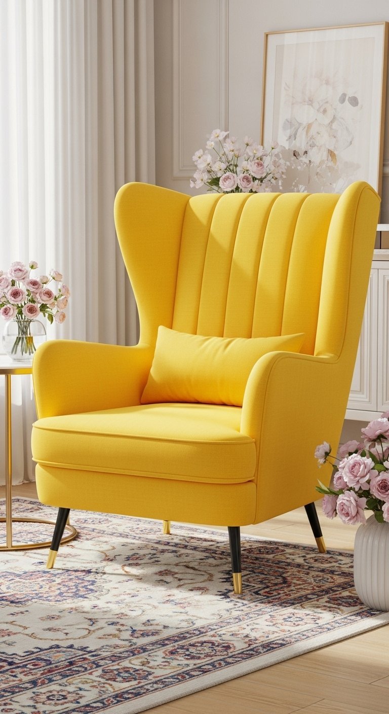 Fauteuil wingback vibrant de couleur jaune vif dans un salon lumineux