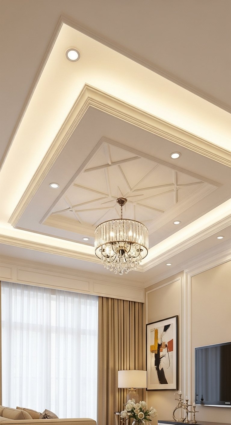 Faux plafond de style classique avec médaillon central et éclairage indirect