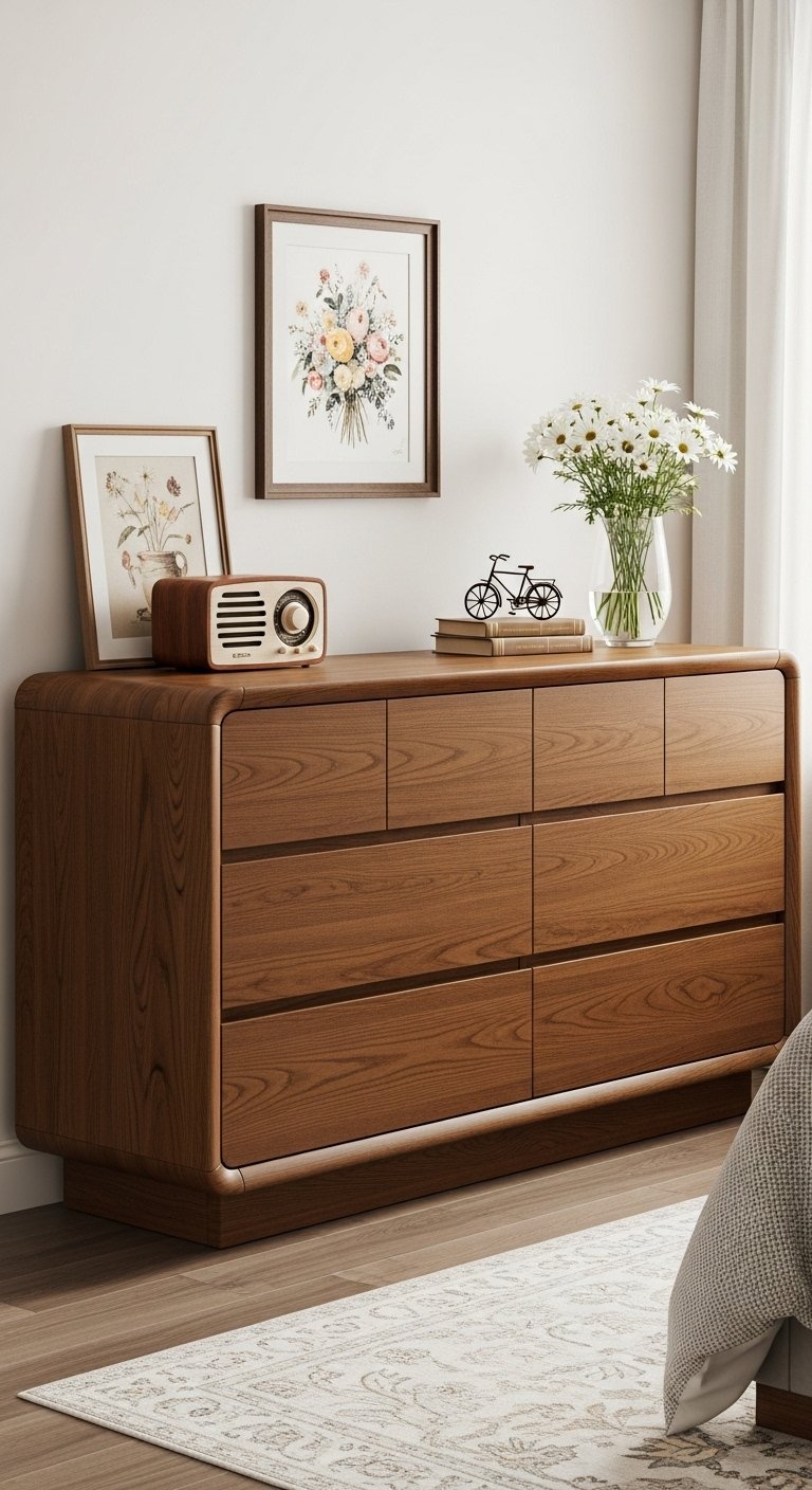 Grande commode en bois de noyer foncé avec design incurvé moderne