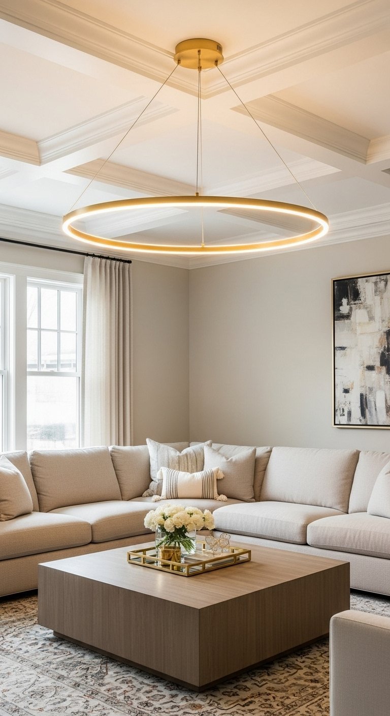 Grande suspension moderne en forme d anneau LED doré