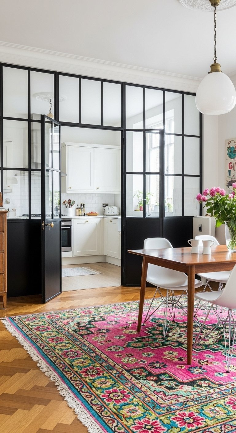 Grande verrière d intérieur avec portes battantes séparant la cuisine d une salle à manger colorée