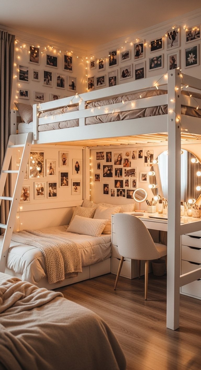 Lit superposé avec un bureau en dessous et des murs décorés de photos et de guirlandes lumineuses