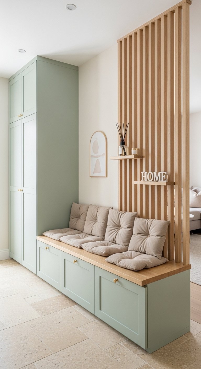 Meuble de separation noir et bois avec niche decorative