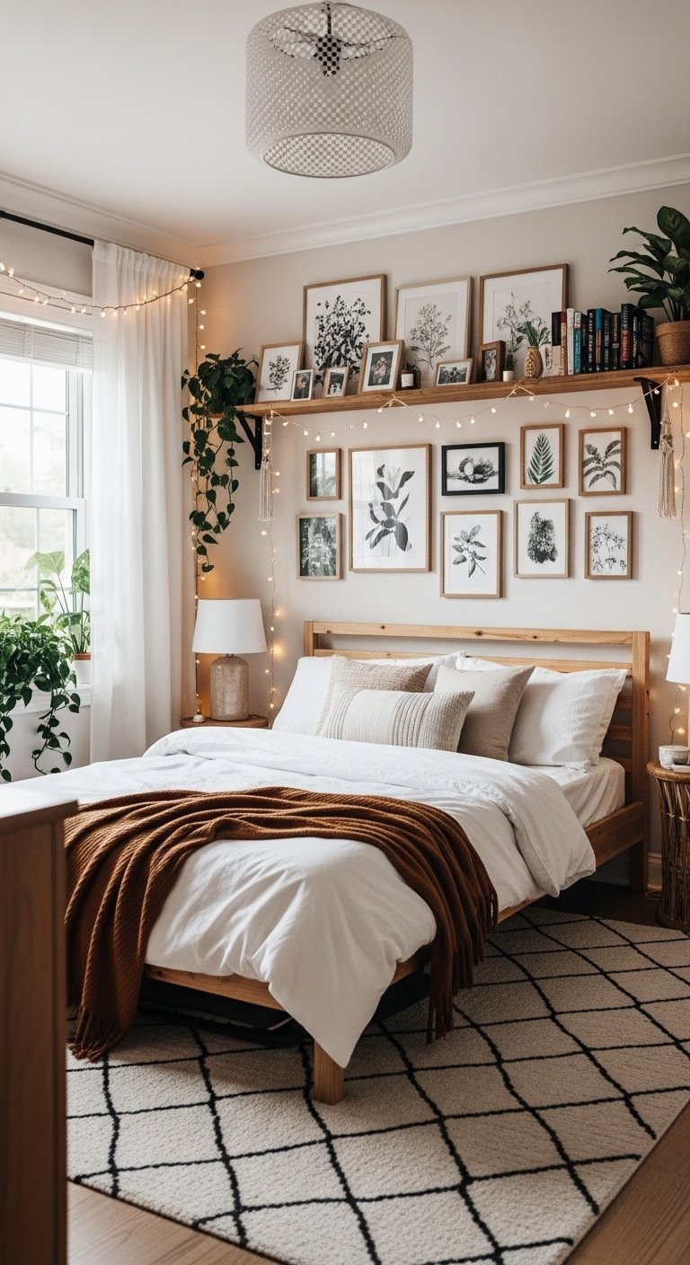 Mur de cadres et étagère au dessus d un lit en bois