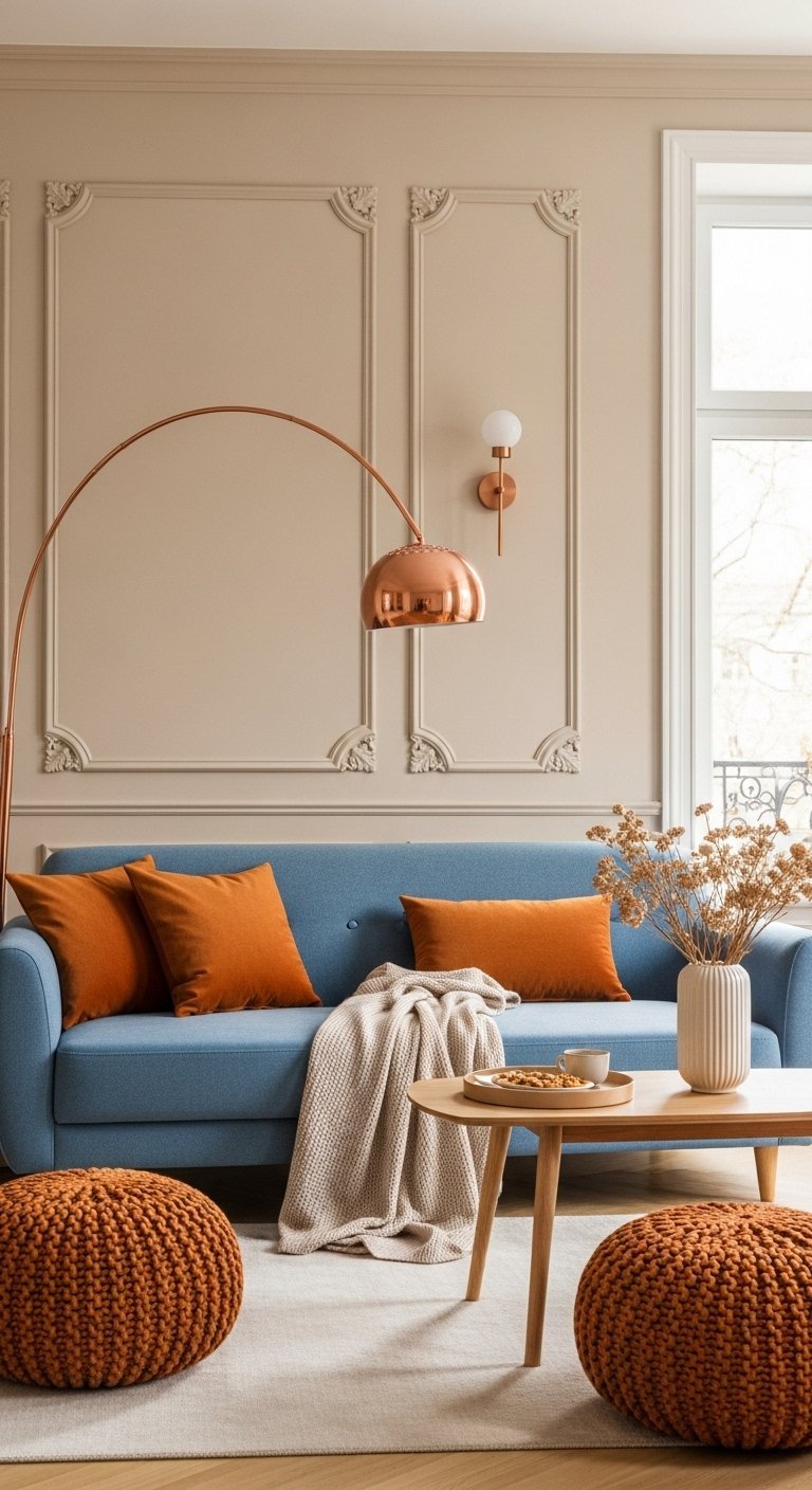 Mur de salon beige chaud avec moulures et canape bleu clair