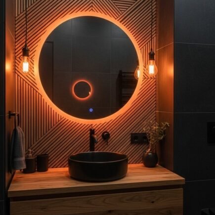 Mur en tasseaux de bois avec miroir rond à éclairage orange et vasque noire
