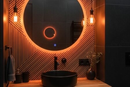 Mur en tasseaux de bois avec miroir rond à éclairage orange et vasque noire