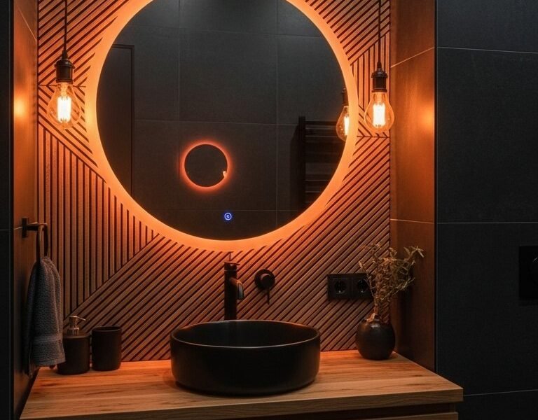 Mur en tasseaux de bois avec miroir rond à éclairage orange et vasque noire