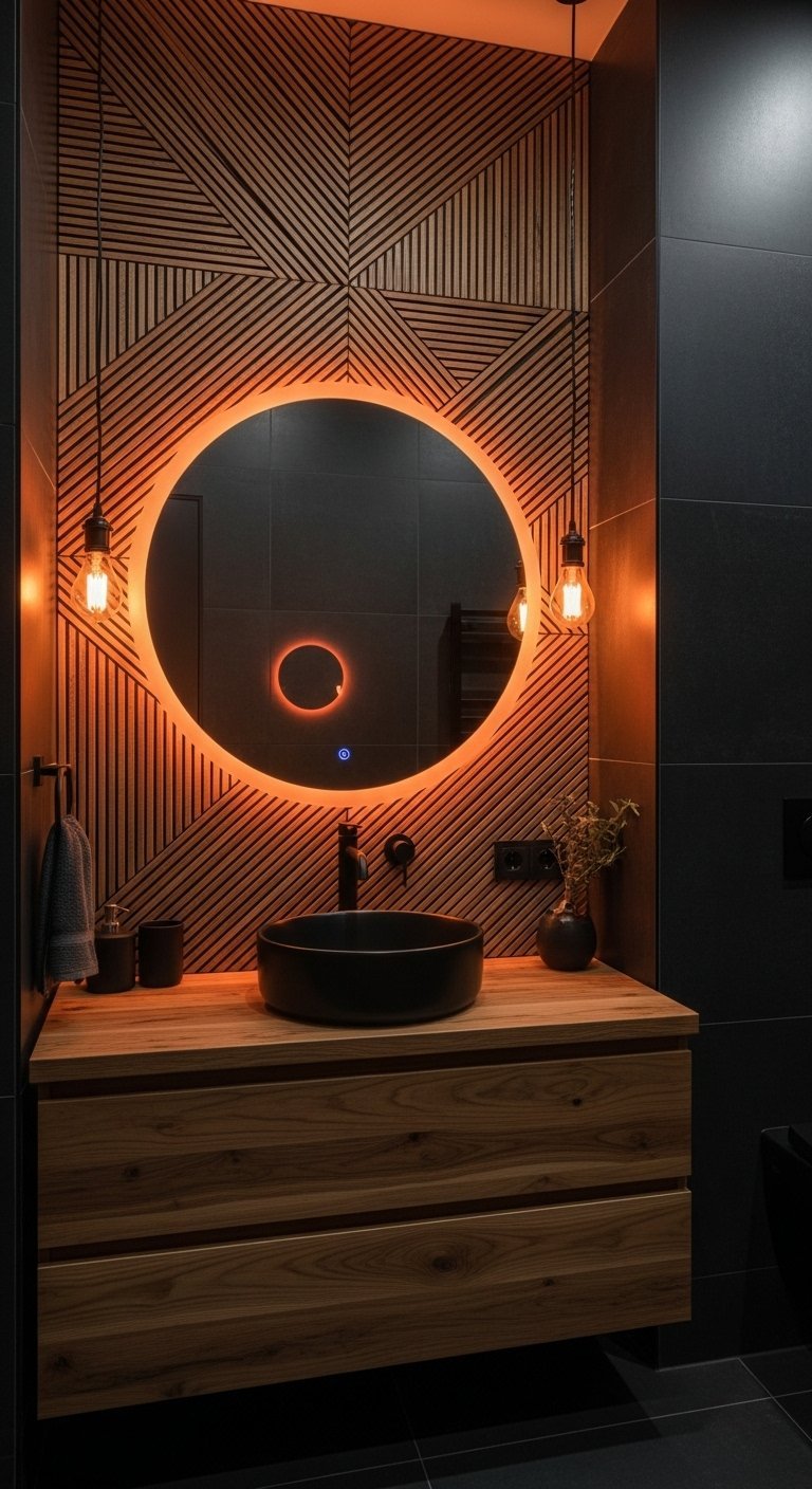 Mur en tasseaux de bois avec miroir rond à éclairage orange et vasque noire