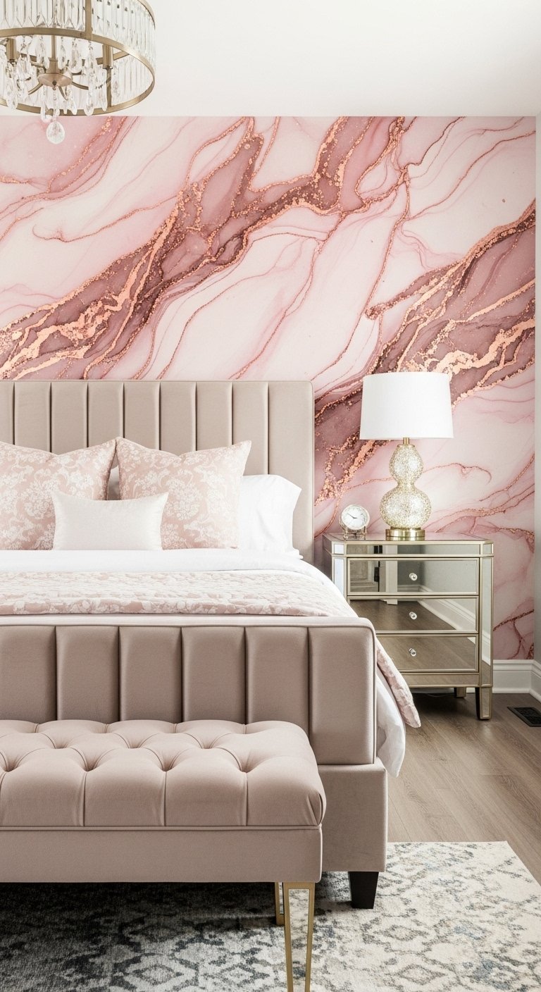 Papier peint panoramique effet marbre rose et or rose dans une chambre avec lit en velours