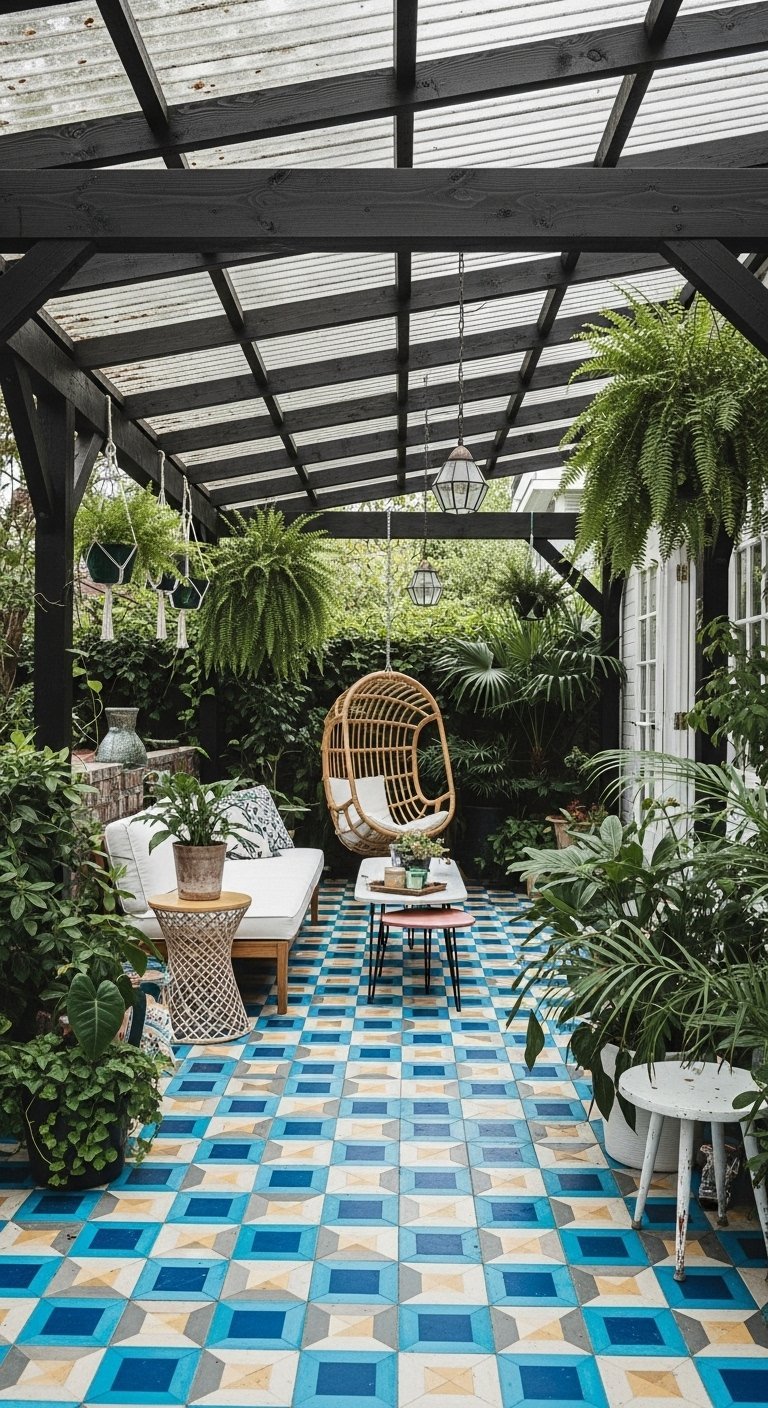 Patio couvert par une pergola noire avec un sol à motifs et de nombreuses plantes