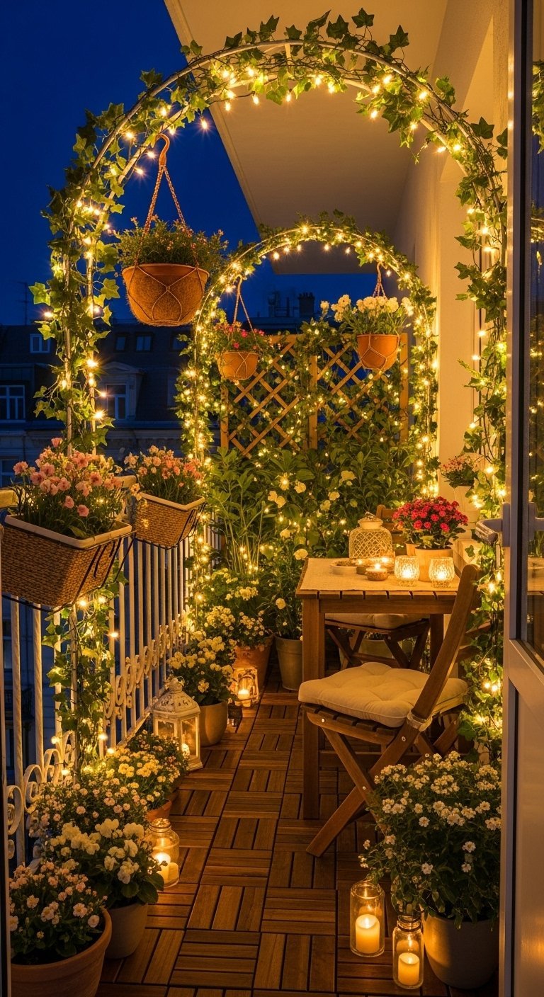 Petit balcon romantique sur décoré avec des guirlandes lumineuses et des fleurs