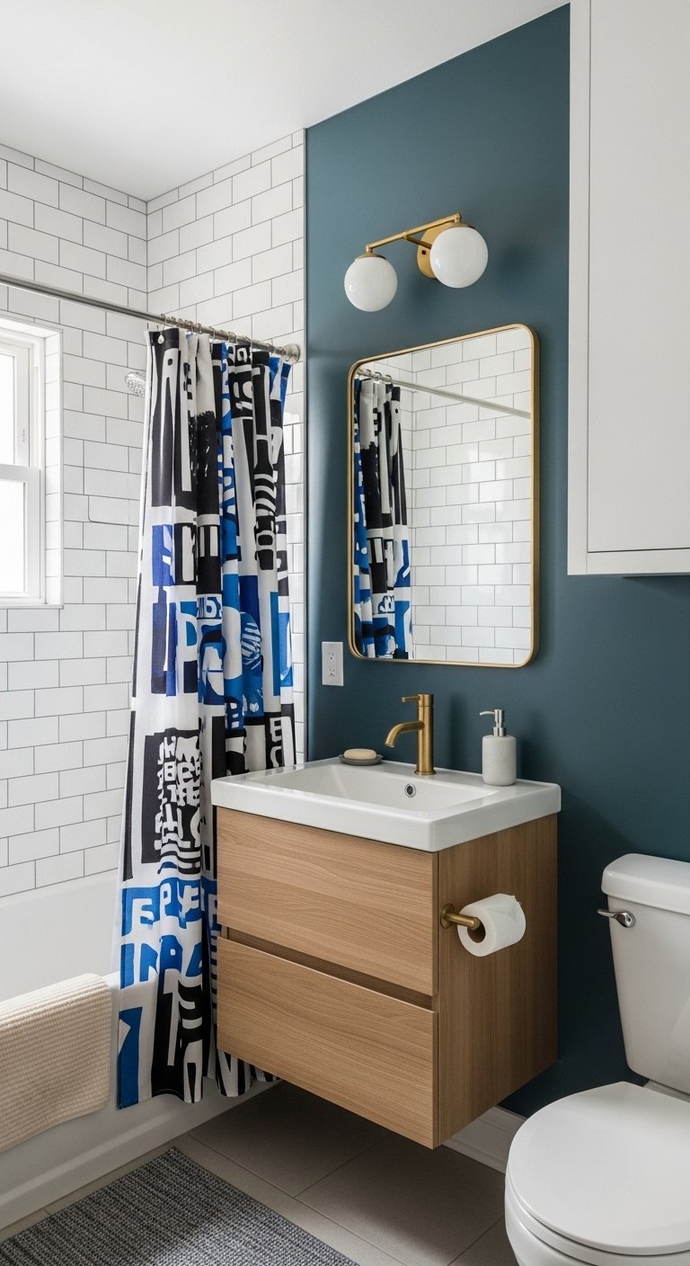 Petite salle de bain avec mur bleu sarcelle et rideau de douche graphique