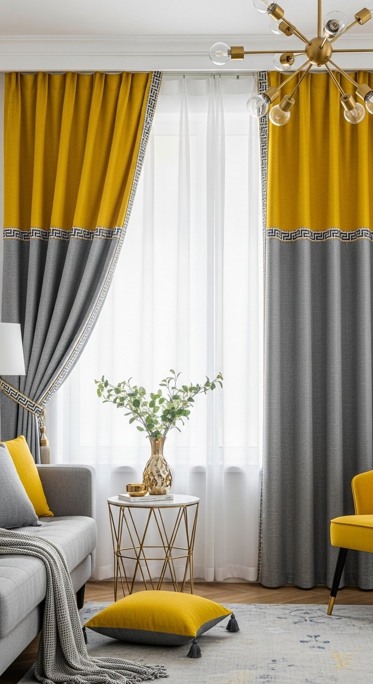 Rideaux bicolores jaune et gris avec une bordure à motif de clé grecque