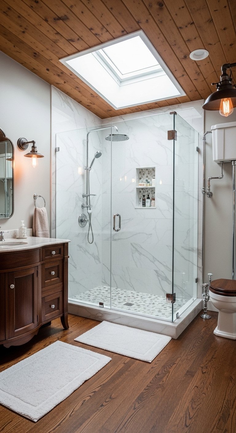 Salle de bain avec plafond en bois et douche à l italienne en marbre