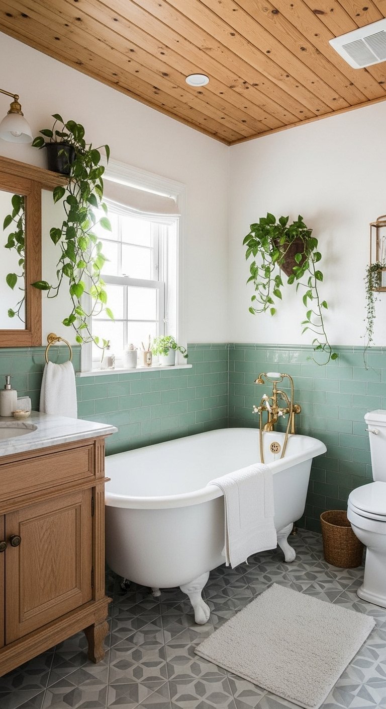 Salle de bain nature style cottage avec baignoire sur pieds et carrelage vert
