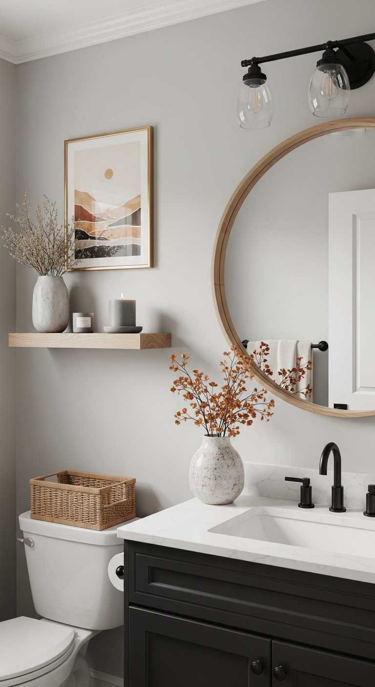 Salle de bain scandinave avec miroir rond en bois et fleurs sechees