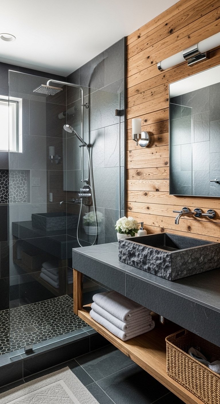 Salle de bains design avec mur en lattes de bois vasque en pierre noire et carrelage gris