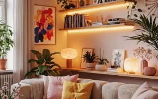 Salon avec canapé en velours côtelé et étagères murales avec éclairage LED