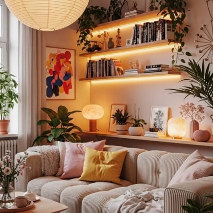 Salon avec canapé en velours côtelé et étagères murales avec éclairage LED