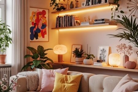 Salon avec canapé en velours côtelé et étagères murales avec éclairage LED