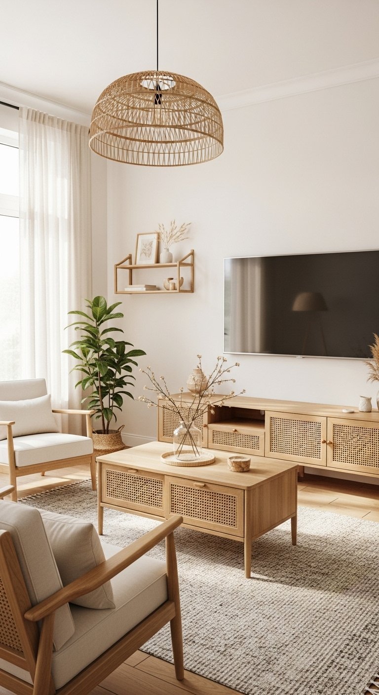 Salon bohème avec meuble TV en bois clair et rotin